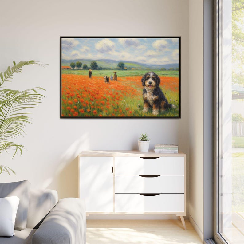 Bernedoodle Classic in un campo di papaveri - Tela incorniciata immagine 19