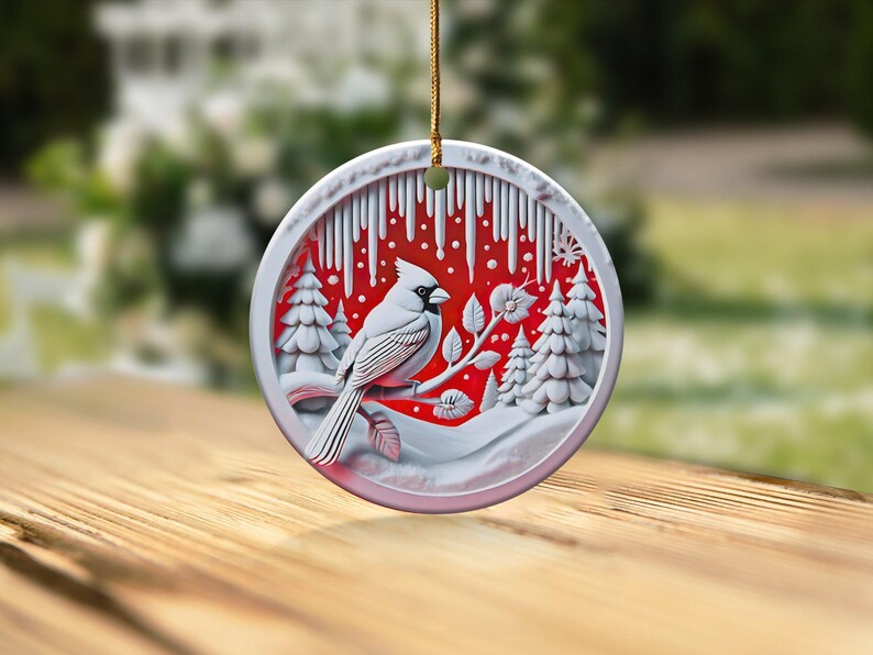 Cardinal in Winter Wonderland Ceramic Ornament, Original Design With Textured Appearance, Unique Holiday Home Decor, Beautiful Seasonal Gift image 6