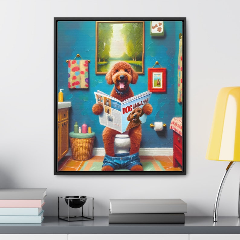 Red Goldendoodle Toilet Portrait Framed Canvas, Doodle On Toilet, Golden Toilet, Wall Art, Goldendoodle Bathroom Wall Art, Dog Persons Gifts image 6