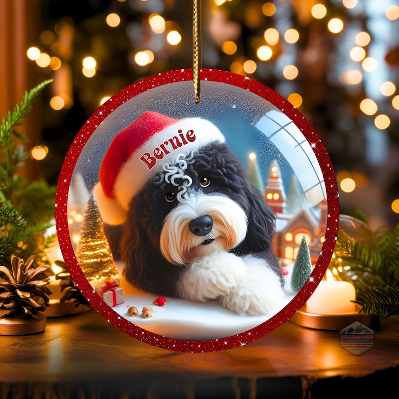 K&ouml;nnte beinhalten: Runder Weihnachtsschmuck mit einem schwarz-wei&szlig;en Hund, der einen Weihnachtsmannhut mit dem Namen "Bernie" tr&auml;gt. Der Schmuck hat einen roten Glitzerrahmen und eine goldene Schnur zum Aufh&auml;ngen. Der Hintergrund zeigt eine Winterlandschaft.