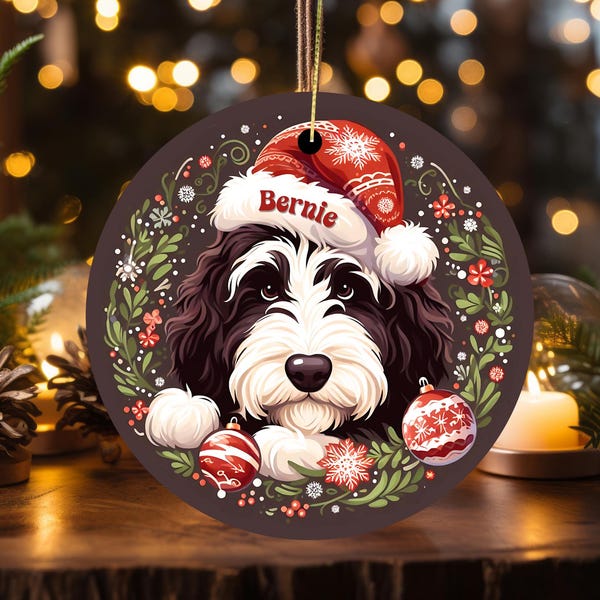 Bernedoodle Ornament, Personalized Holiday Dog Portrait | Sublimation Ceramic | 2.76 Inch Keepsake Gift
