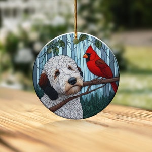 Cardinal and Goldendoodle Ceramic Ornament, Oil Paint Style Design, Cardinal Lovers Gift, Mothers Day, Bird Lover, Red Cardinal and Dog Gift