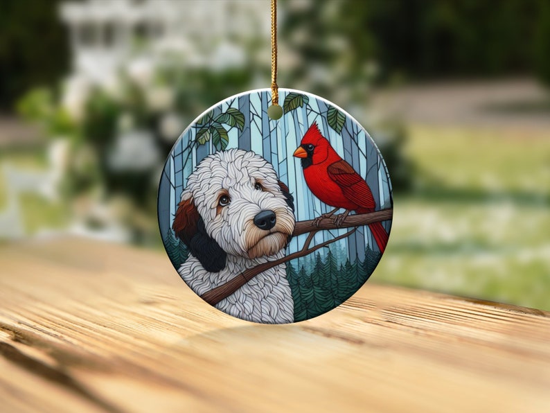 Cardinal and Goldendoodle Ceramic Ornament, Oil Paint Style Design, Cardinal Lovers Gift, Mothers Day, Bird Lover, Red Cardinal and Dog Gift