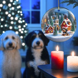 Snow globe style design personalized ceramic bernedoodle ornament with a warm backdrop Christmas dog ornament with festive winter scene.  Great gift idea for doodle moms and doodle dog lovers!