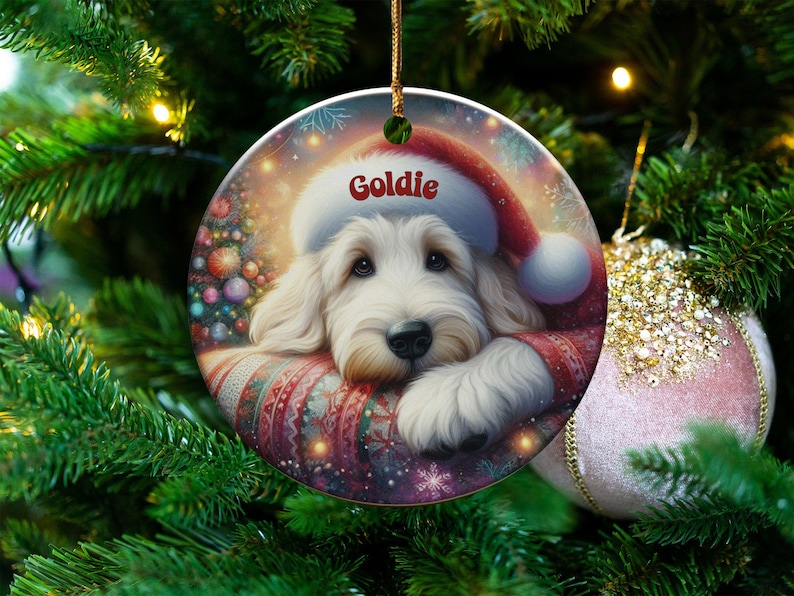 Custom Pet Ornament, Festive Goldendoodle Holiday Keepsake | Ceramic | 3 Inch Sublimation Print image 1