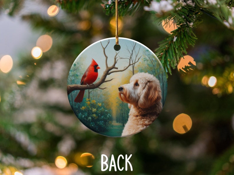 Cardinal and Doodle Dog Ceramic Ornament, Oil Paint Style Design image 10