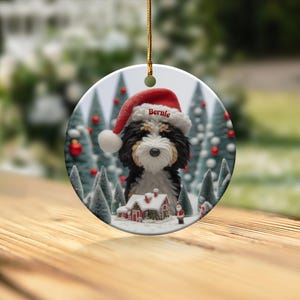 Custom Dog Ornament, Bernedoodle Christmas Gift - Two Sided Sublimation Ceramic Keepsake - Santa Hat Pup Holiday Decor image 7