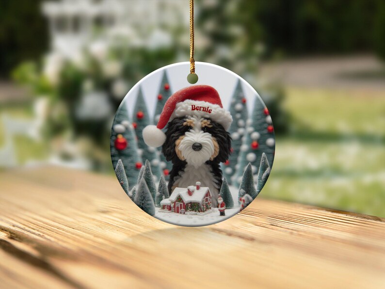 Custom Dog Ornament, Bernedoodle Christmas Gift - Two Sided Sublimation Ceramic Keepsake - Santa Hat Pup Holiday Decor image 7
