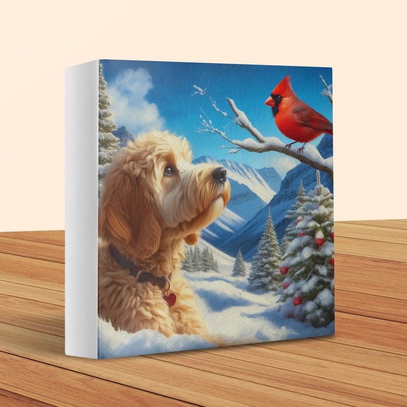Cuadro de perro Doodle y cardenal, escena invernal. imagen 1