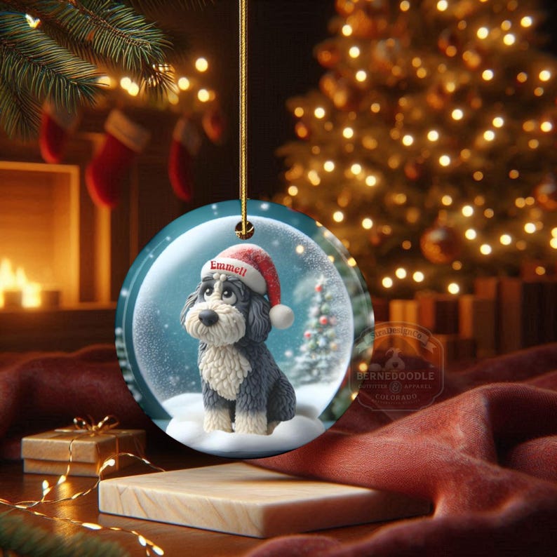 Sheepadoodle Dog Christmas Ornament, Festive Snow Scene Decor | Ceramic | Sublimation Two-Sided Keepsake image 10