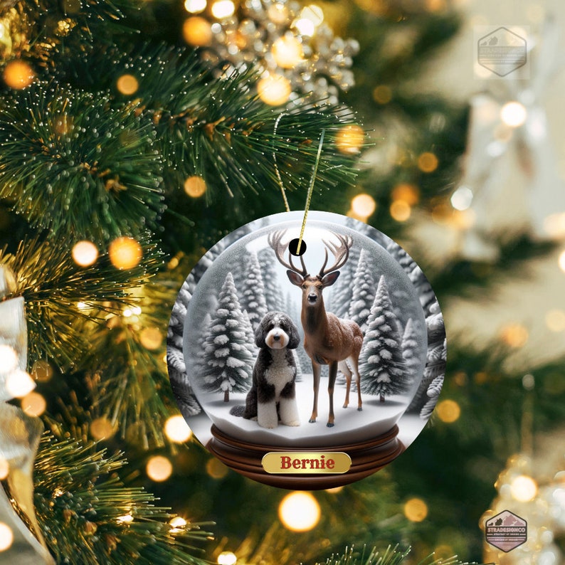Ceramic Ornament - Customizable with Dog name- Not a snow globe - Bernedoodle Ornament