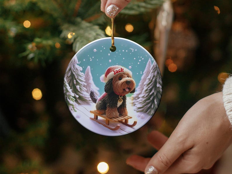 Personalized Dog Christmas Ornament, Custom Pet Holiday Decoration, Cute Puppy on Sled, Christmas Tree Ornament, Pet Lover Gift