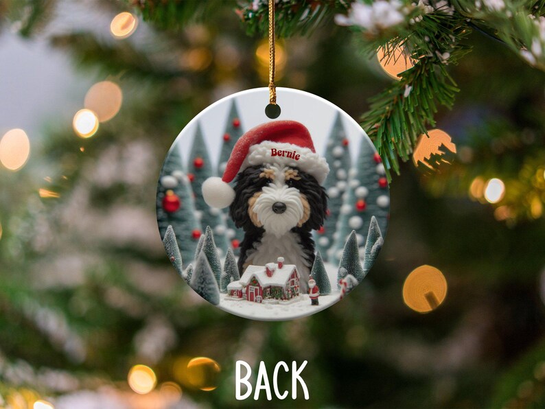 Custom Dog Ornament, Bernedoodle Christmas Gift - Two Sided Sublimation Ceramic Keepsake - Santa Hat Pup Holiday Decor image 6