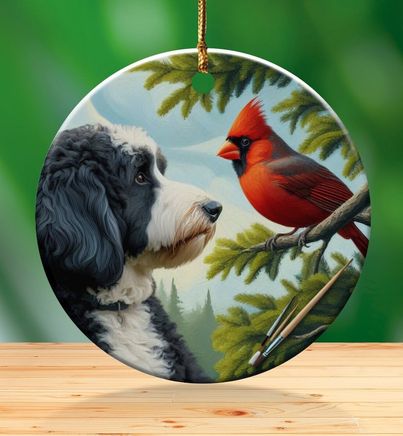 Cardinal and Bernedoodle Dog Ceramic Ornament, Oil Paint Style Design, Cardinal Lovers Gift, Mothers Day, Bird Lovers, Custom Crafted Design
