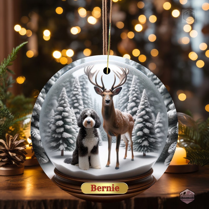 Ceramic Ornament - Customizable with Dog name- Not a snow globe - Bernedoodle Ornament