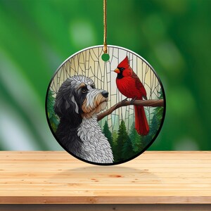 Cardinal and Bernedoodle Dog Ceramic Ornament, Oil Paint Style Design, Cardinal Lovers Gift, Mothers Day Gifts Bird Lovers Dog Mom Ornament