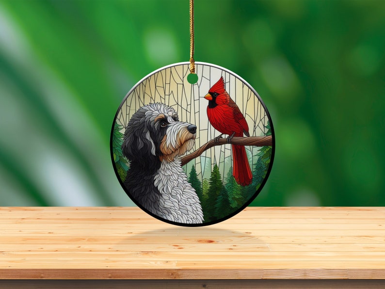 Cardinal and Bernedoodle Dog Ceramic Ornament, Oil Paint Style Design, Cardinal Lovers Gift, Mothers Day Gifts Bird Lovers Dog Mom Ornament