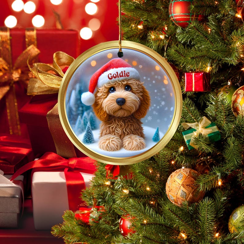 Goldendoodle ceramic 3 inch ornament in vibrant color and claymation style design.  Full gloss and printed on both sides.  It's hung with a gold string.