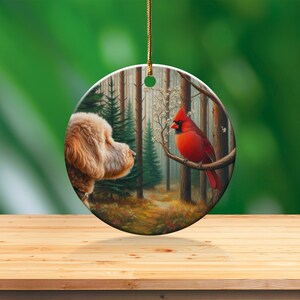 Cardinal and Goldendoodle Ceramic Ornament, Stained Glass Design, Cardinal gift, Mothers Day Gift, Bird Lovers Gift, Custom stained glass look, cardinal