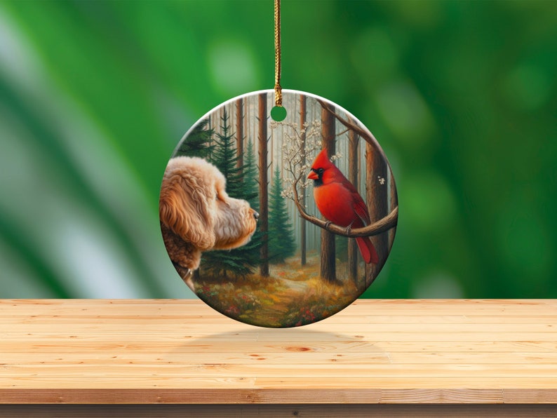 Cardinal and Goldendoodle Ceramic Ornament, Stained Glass Design, Cardinal gift, Mothers Day Gift, Bird Lovers Gift, Custom stained glass look, cardinal