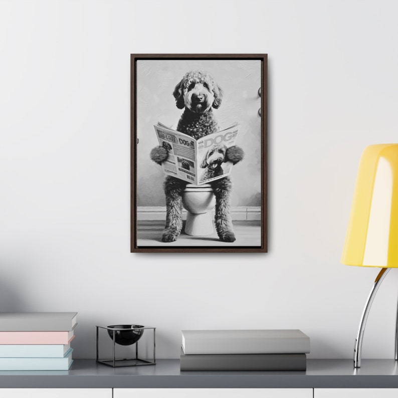 Black and White Canvas Goldendoodle Toilet Pet Portrait, Dog Reading Dog Magazine, Guest bathroom Framed Art, Doodle Lover gift, pet lovers image 4