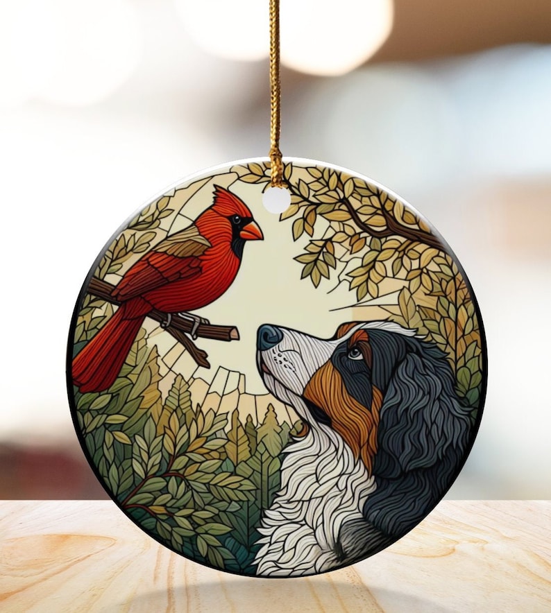 Cardinal and Bernese Mountain Dog Ceramic Ornament, Oil Paint Style Design, Cardinal Lovers Gift, Mothers Day, Bird Lovers, Custom Bird and Dog Gift