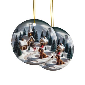 Christmas village ornament, holiday decor, winter wonderland decoration, festive tree ornament, Santa and bear scene, set of 2