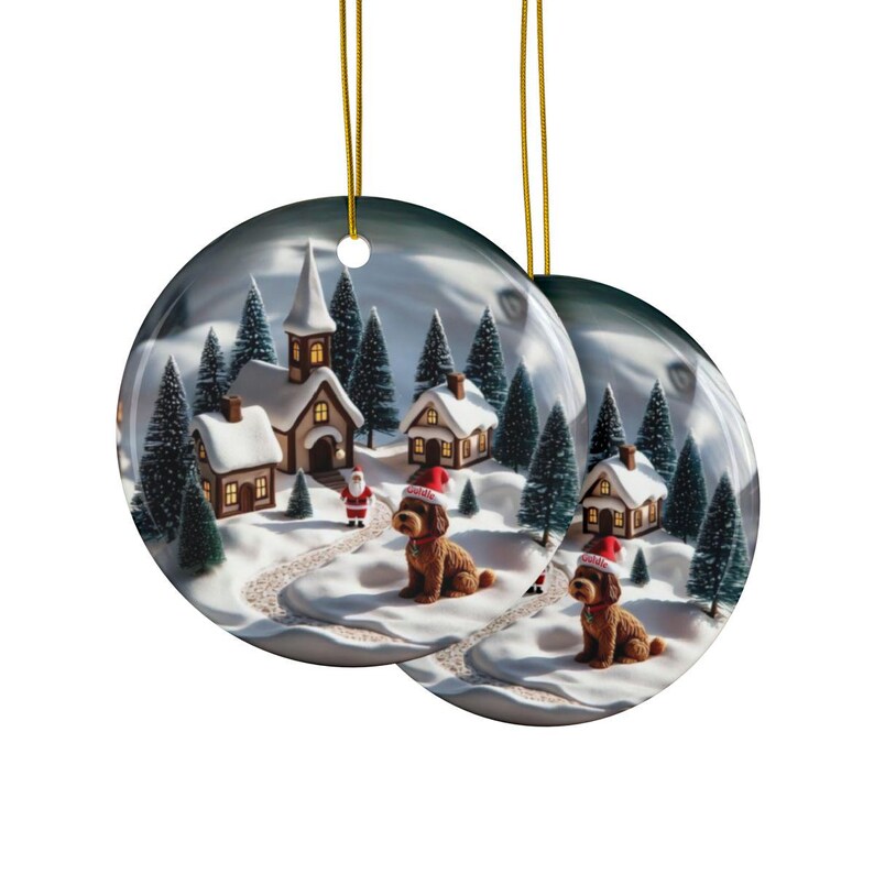 Christmas village ornament, holiday decor, winter wonderland decoration, festive tree ornament, Santa and bear scene, set of 2