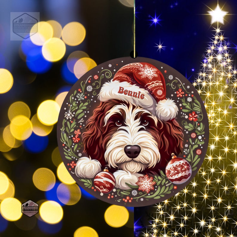 Bespoke Sable Red Bernedoodle Christmas Bauble with Santa Hat - Dog Lover's Holiday Adornment