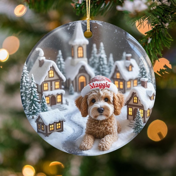 Personalized Goldendoodle Snow Globe Themed Ceramic Ornament Design is Printed on Both Sides