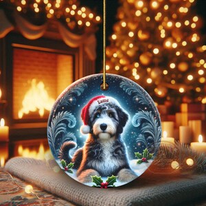 Merle Bernedoodle, Personalized Santa Hat Ornament | Sublimation Ceramic | Custom Dog Lover Gift image 12