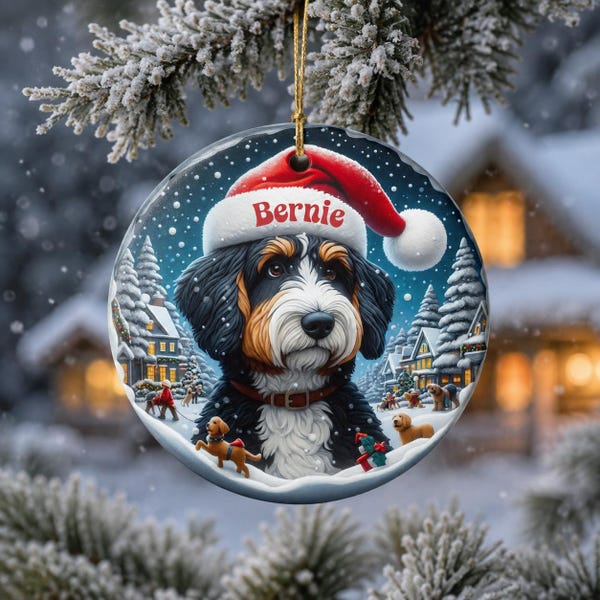 Bernedoodle Santa Ornament, Custom Dog Keepsake | Sublimation Ceramic | 3 Inch Holiday Tree Decor, Glossy Two-Sided Print