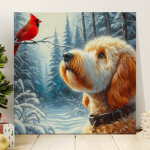 Bernedoodle- und Kardinal-Winter-Leinwandbild, Geschenk für Hundeliebhaber Bild 5