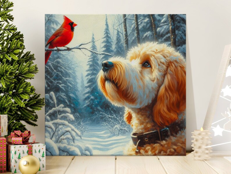 Bernedoodle- und Kardinal-Winter-Leinwandbild, Geschenk für Hundeliebhaber Bild 5