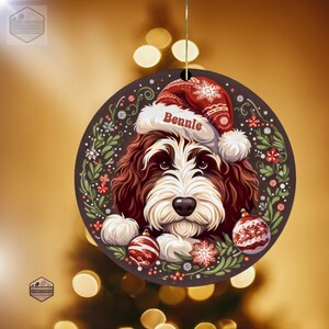 Customizable Christmas Sable color Bernedoodle Decoration - Festive Pet Ornament with Santa Cap