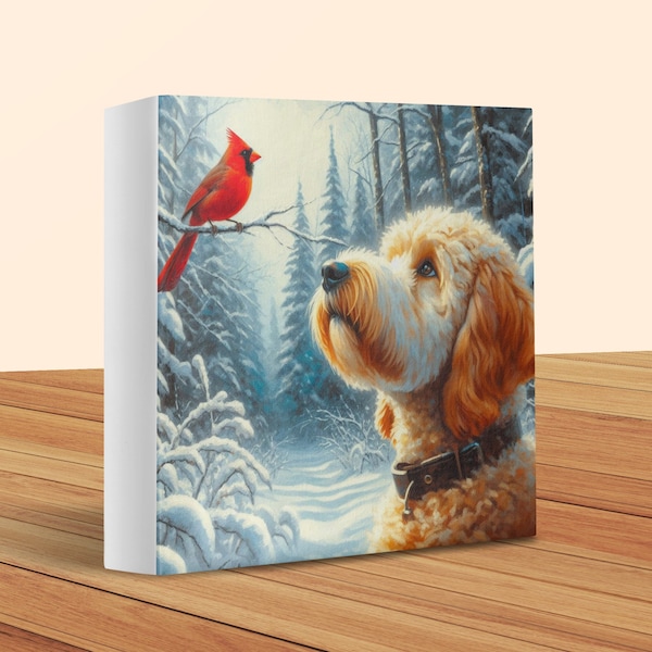 Bernedoodle and Cardinal Winter Canvas Art, Dog Lover Gift