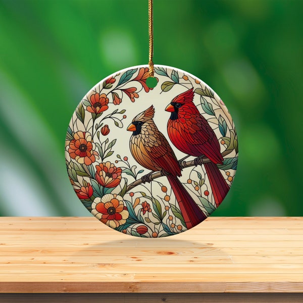 Cardinal Ceramic Ornament, Stained Glass Style, Bird Lover Gift