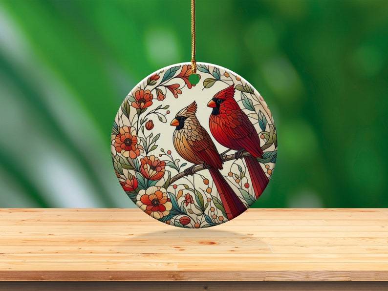 Cardinal Ceramic Ornament, Stained Glass Design, Cardinal gift, Mothers Day Gift, Bird Lovers Gift, Custom stained glass look, cardinal