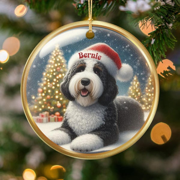 Custom Pet Ornament, Personalized Bernedoodle Santa Hat Keepsake | Ceramic | Double Sided Sublimation, Glossy Tree Decor Gift