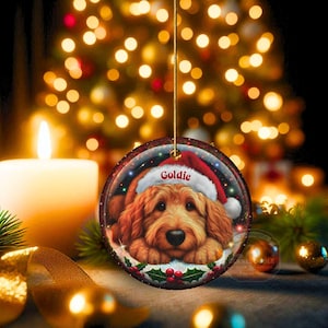 Ceramic golden doodle goldendoodle doodle dog ornament with impressive snow globe style design on both sides.  Excellent doodle mom gift.  Goldendoodle holiday heirloom gift and Christmas Tree Ornament!