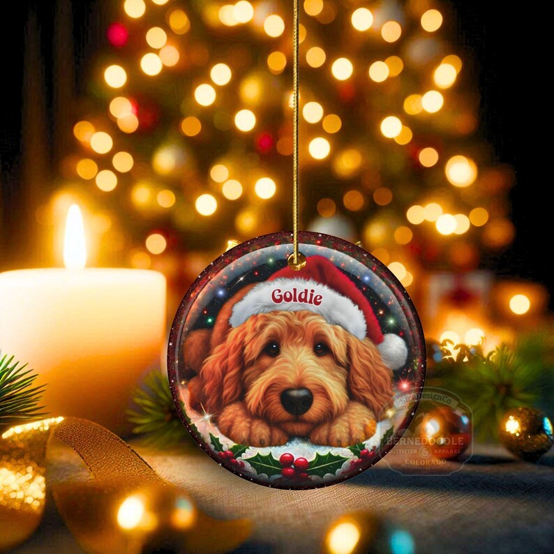 Ceramic golden doodle goldendoodle doodle dog ornament with impressive snow globe style design on both sides.  Excellent doodle mom gift.  Goldendoodle holiday heirloom gift and Christmas Tree Ornament!