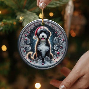 Dog Ornament Holiday, Personalized Bernedoodle Keepsake | Ceramic | Two-Sided Sublimation Print, Gold Hanger image 3