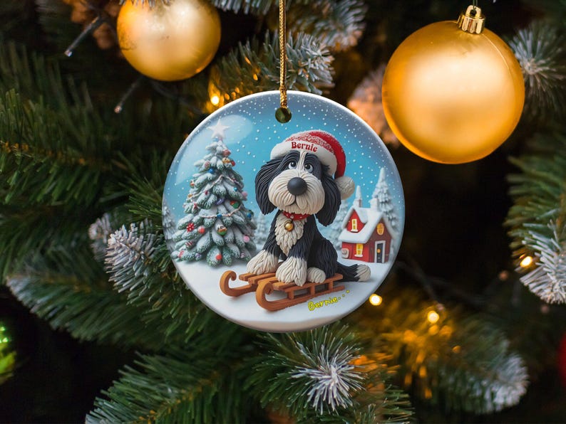 Christmas Ornament, Bernedoodle Sledding Scene | Sublimation Ceramic Decor | 3-Inch Glossy Flat Double-Sided image 10
