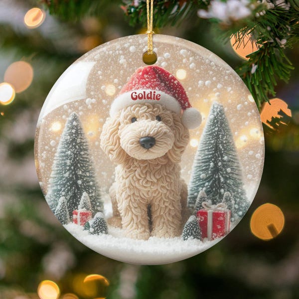 Doodle Ornament, Personalized Goldendoodle Santa Hat | Ceramic Sublimation - Custom Dog Lover Holiday Branch Decor