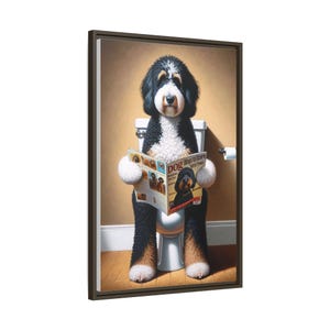 Framed Bernedoodle Toilet Portrait - Dog Reading Magazine, Bathroom Wall Art image 10