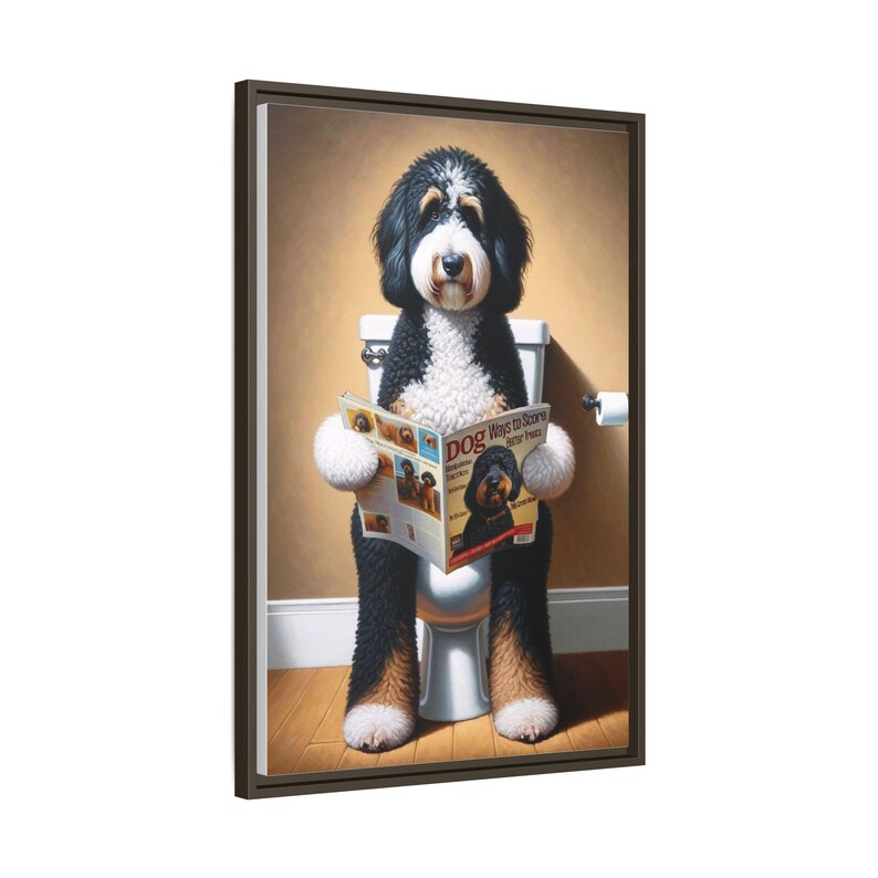 Framed Bernedoodle Toilet Portrait - Dog Reading Magazine, Bathroom Wall Art image 10