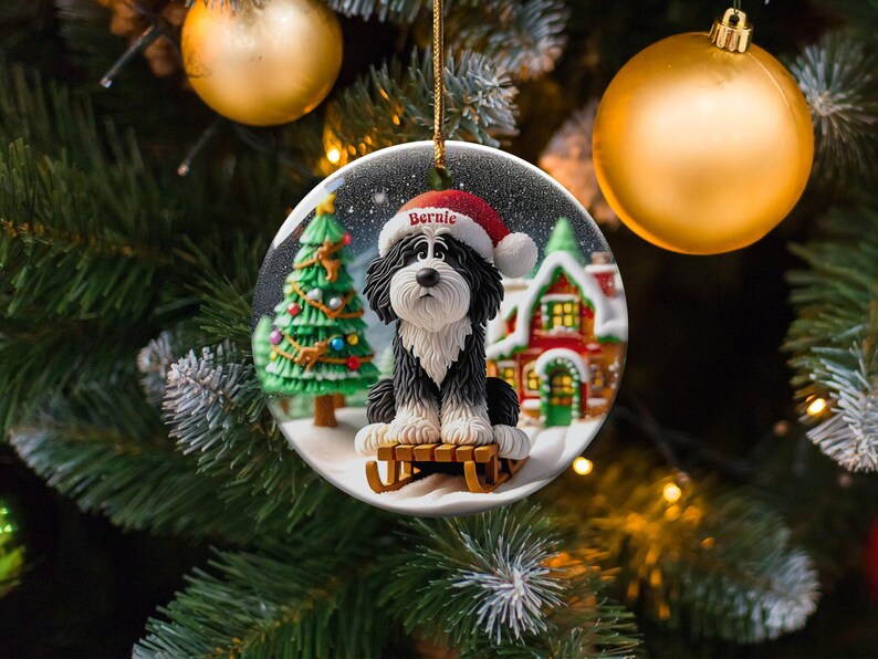 Bernedoodle Ornament, Sledding Ceramic | Claymation Style Artwork | 3 Inch Sublimation Gift image 9