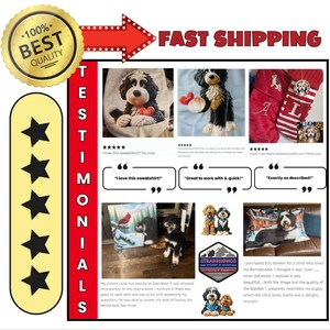 May include: A promotional image featuring a gold badge with "100% Best Quality" and a red arrow with "Fast Shipping". The image includes customer testimonials and product photos, including a Bernedoodle dog.