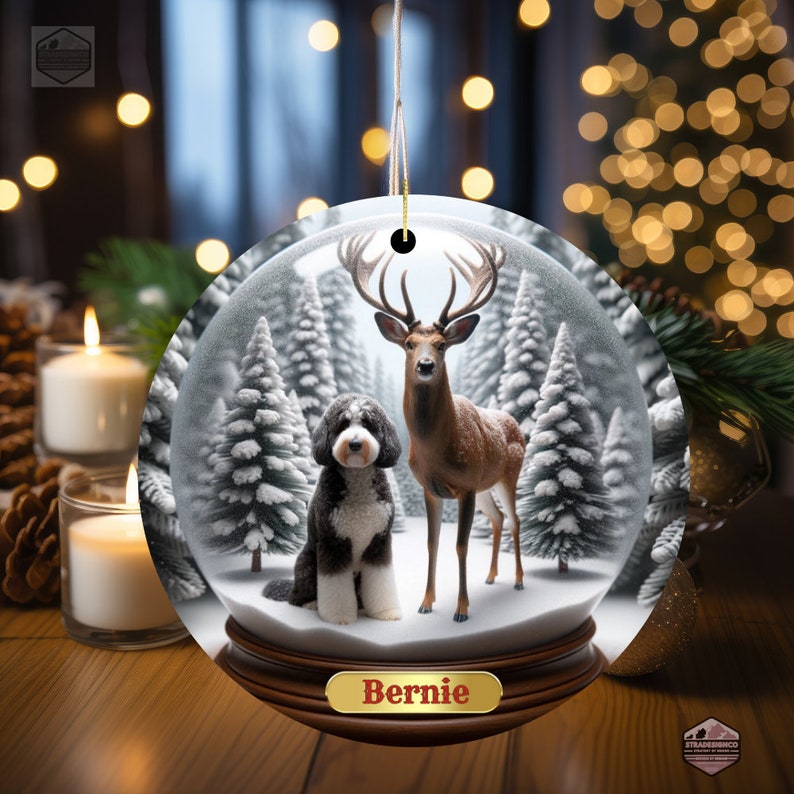 Ceramic Ornament - Customizable with Dog name- Not a snow globe - Bernedoodle Ornament