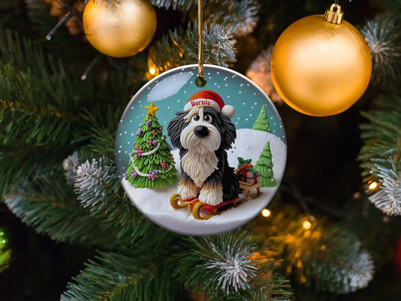 Bernedoodle Sledding, Snow Globe Style Ornament | Ceramic | 3 Inch Personalized Double Sided Keepsake afbeelding 10